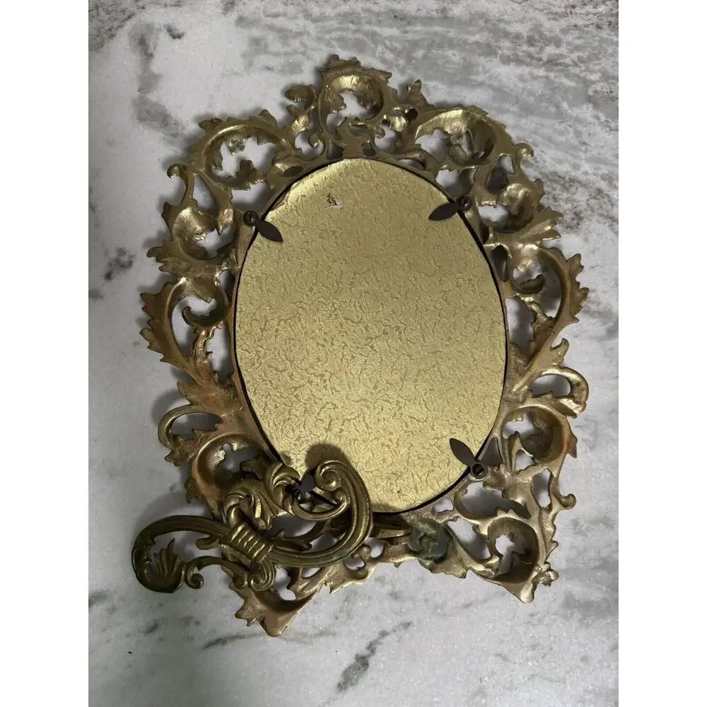 Antique Victorian Heavy Brass Art Nouveau Oval Self Standing Glass Mirror